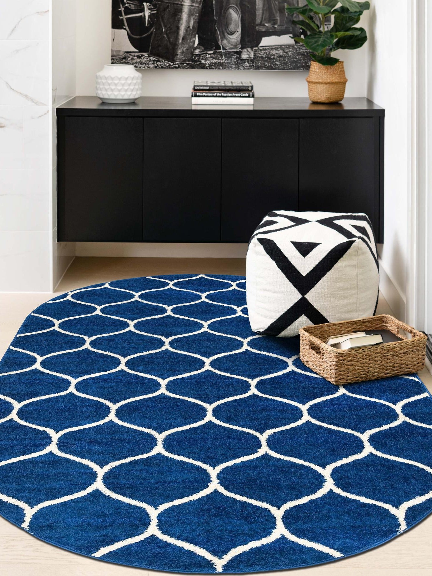 Navy Blue 7' 10 x 10' Trellis Frieze Oval Area Rug Geometric Modern Unique Stain Resistant Easy Clean Carpet for Living, Dining, Bedrooms, Office for Sale at Rug Engine