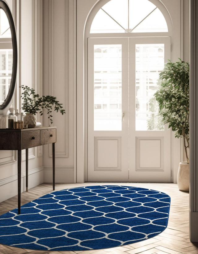 Navy Blue 3' 1 x 5' 3 Trellis Frieze Oval Area Rug Geometric Modern Unique Stain Resistant Easy Clean Carpet for Living, Dining, Bedrooms, Office for Sale at Rug Engine