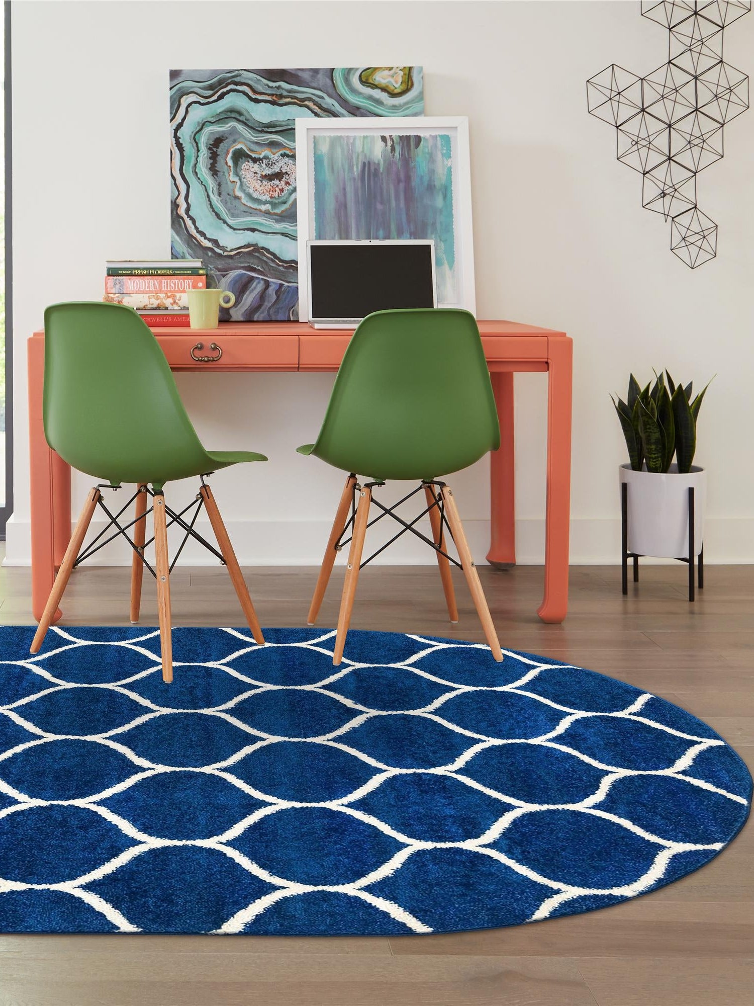 Navy Blue 7' 10 x 10' Trellis Frieze Oval Area Rug Geometric Modern Unique Stain Resistant Easy Clean Carpet for Living, Dining, Bedrooms, Office for Sale at Rug Engine