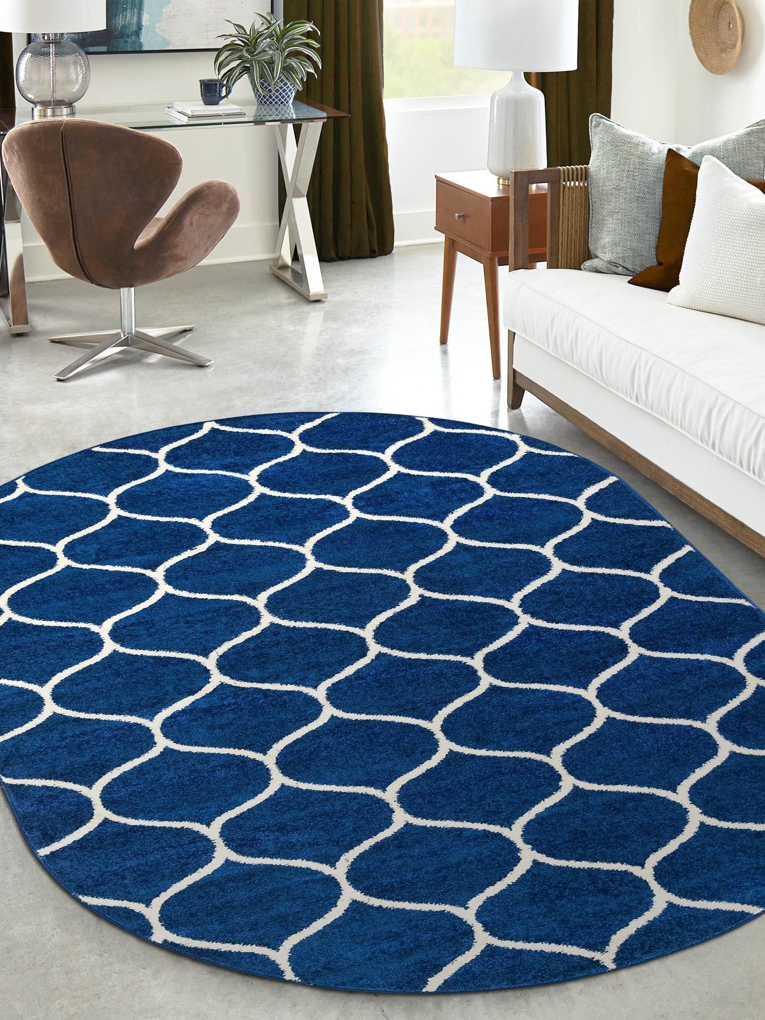 Navy Blue 4' 1 x 6' 1 Trellis Frieze Oval Area Rug Geometric Modern Unique Stain Resistant Easy Clean Carpet for Living, Dining, Bedrooms, Office for Sale at Rug Engine