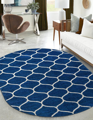Navy Blue 7' 10 x 10' Trellis Frieze Oval Area Rug Geometric Modern Unique Stain Resistant Easy Clean Carpet for Living, Dining, Bedrooms, Office for Sale at Rug Engine