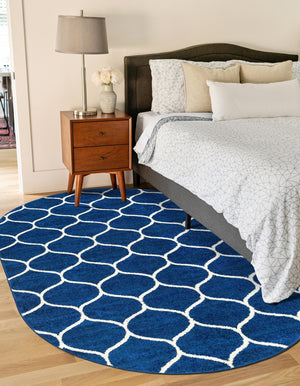 Navy Blue 3' 1 x 5' 3 Trellis Frieze Oval Area Rug Geometric Modern Unique Stain Resistant Easy Clean Carpet for Living, Dining, Bedrooms, Office for Sale at Rug Engine