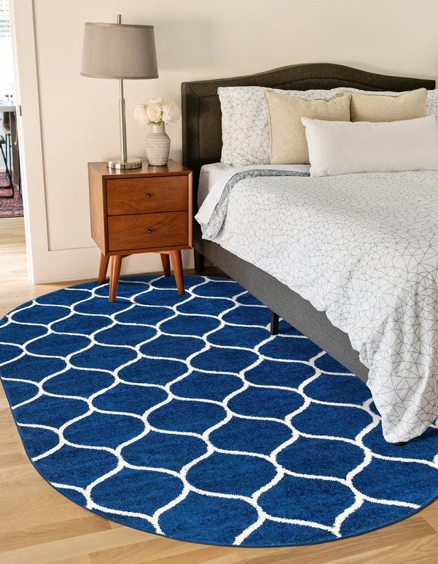 Navy Blue 3' 1 x 5' 3 Trellis Frieze Oval Area Rug Geometric Modern Unique Stain Resistant Easy Clean Carpet for Living, Dining, Bedrooms, Office for Sale at Rug Engine