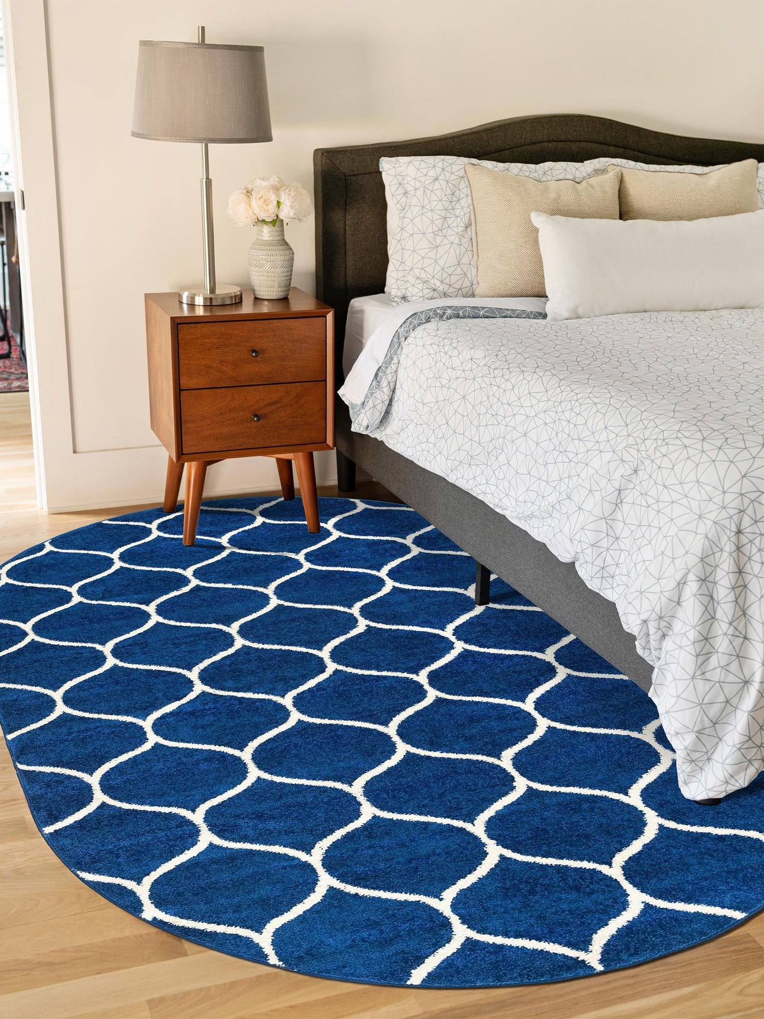 Navy Blue 7' 10 x 10' Trellis Frieze Oval Area Rug Geometric Modern Unique Stain Resistant Easy Clean Carpet for Living, Dining, Bedrooms, Office for Sale at Rug Engine