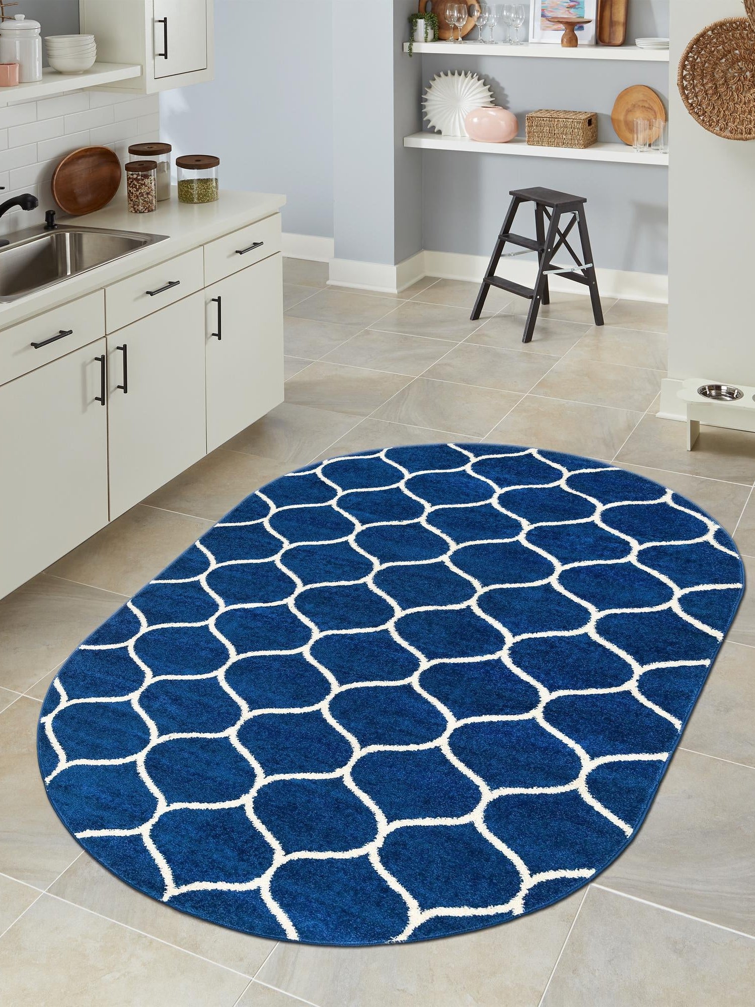 Navy Blue 7' 10 x 10' Trellis Frieze Oval Area Rug Geometric Modern Unique Stain Resistant Easy Clean Carpet for Living, Dining, Bedrooms, Office for Sale at Rug Engine