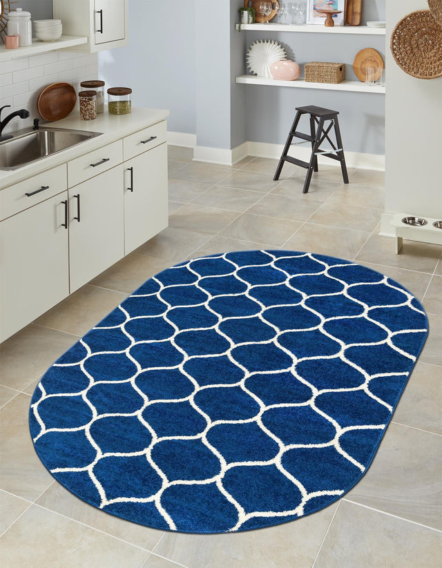 Navy Blue 7' 10 x 10' Trellis Frieze Oval Area Rug Geometric Modern Unique Stain Resistant Easy Clean Carpet for Living, Dining, Bedrooms, Office for Sale at Rug Engine