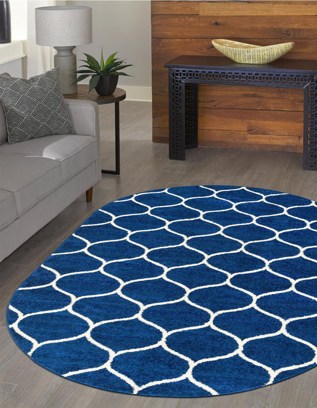 Navy Blue 7' 10 x 10' Trellis Frieze Oval Area Rug Geometric Modern Unique Stain Resistant Easy Clean Carpet for Living, Dining, Bedrooms, Office for Sale at Rug Engine