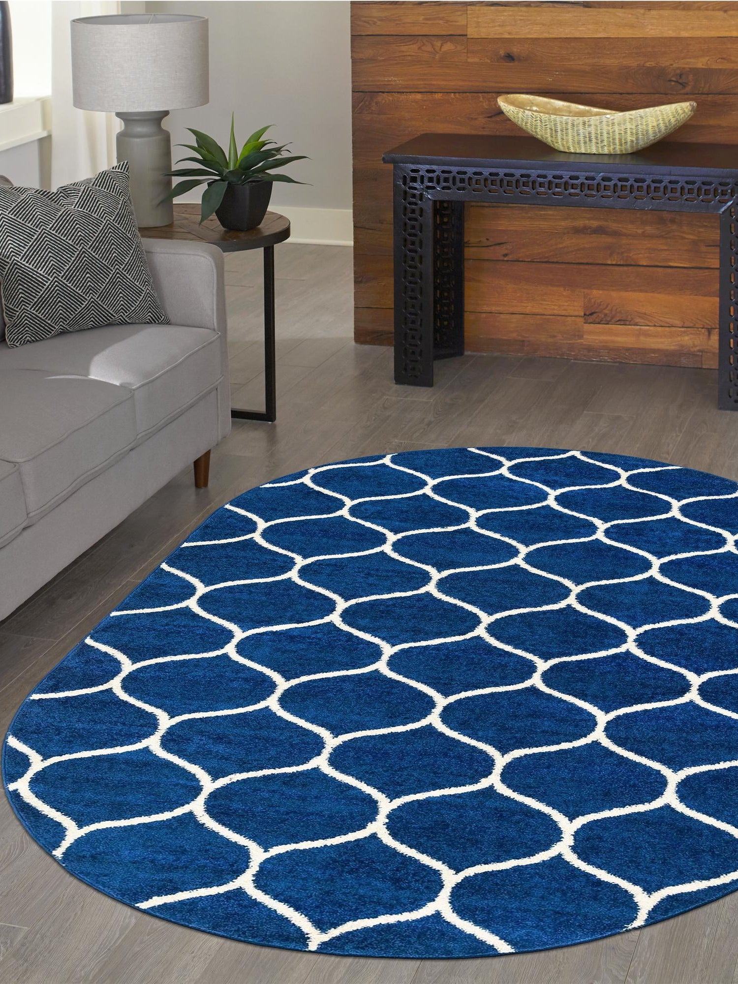 Navy Blue 4' 1 x 6' 1 Trellis Frieze Oval Area Rug Geometric Modern Unique Stain Resistant Easy Clean Carpet for Living, Dining, Bedrooms, Office for Sale at Rug Engine