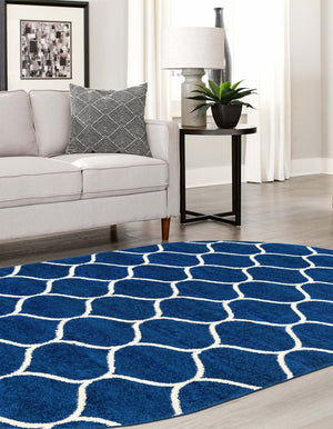 Navy Blue 7' 10 x 10' Trellis Frieze Oval Area Rug Geometric Modern Unique Stain Resistant Easy Clean Carpet for Living, Dining, Bedrooms, Office for Sale at Rug Engine