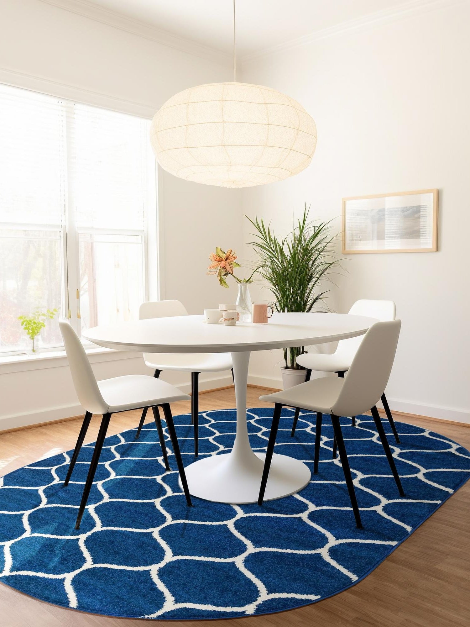 Navy Blue 4' 1 x 6' 1 Trellis Frieze Oval Area Rug Geometric Modern Unique Stain Resistant Easy Clean Carpet for Living, Dining, Bedrooms, Office for Sale at Rug Engine