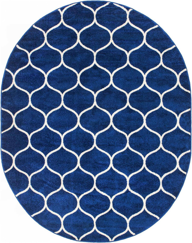 Navy Blue 7' 10 x 10' Trellis Frieze Oval Area Rug Geometric Modern Unique Stain Resistant Easy Clean Carpet for Living, Dining, Bedrooms, Office for Sale at Rug Engine