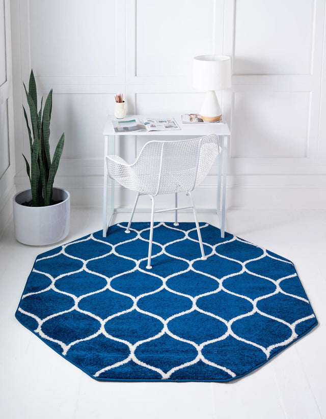 Navy Blue 5' 3 x 5' 3 Trellis Frieze Octagon Area Rug Geometric Modern Unique Stain Resistant Easy Clean Carpet for Living, Dining, Bedrooms, Office for Sale at Rug Engine