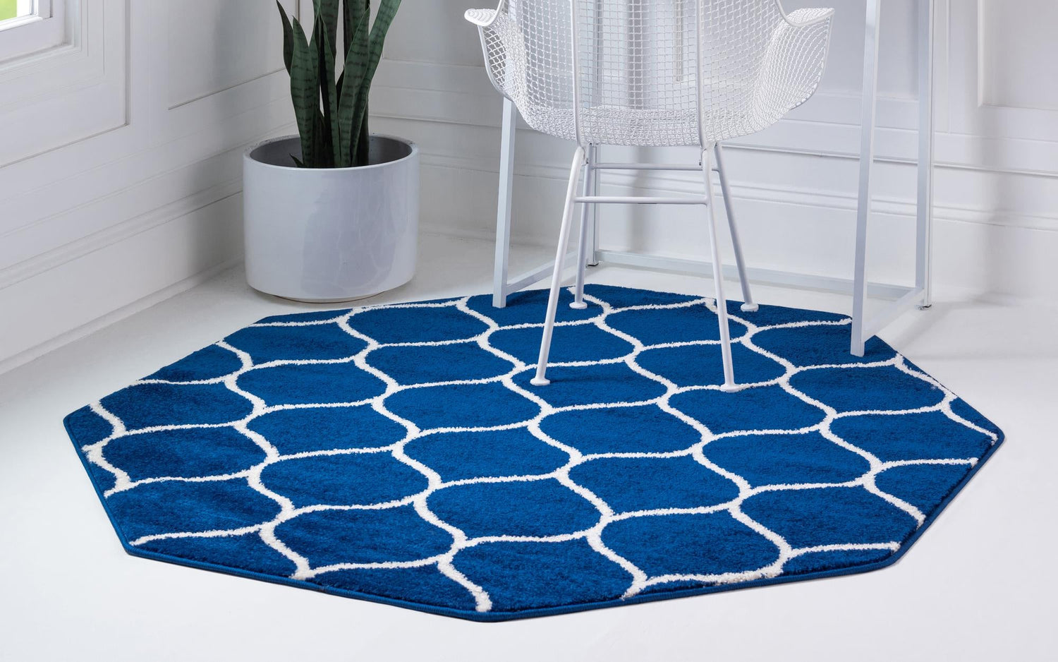 Navy Blue 5' 3 x 5' 3 Trellis Frieze Octagon Area Rug Geometric Modern Unique Stain Resistant Easy Clean Carpet for Living, Dining, Bedrooms, Office for Sale at Rug Engine