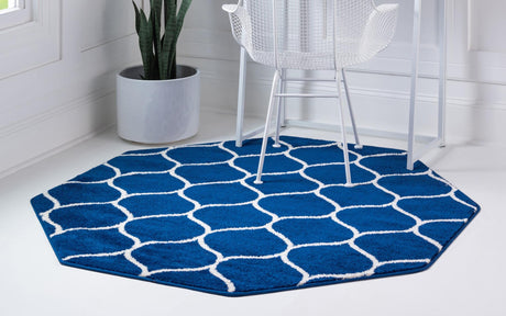 Navy Blue 5' 3 x 5' 3 Trellis Frieze Octagon Area Rug Geometric Modern Unique Stain Resistant Easy Clean Carpet for Living, Dining, Bedrooms, Office for Sale at Rug Engine