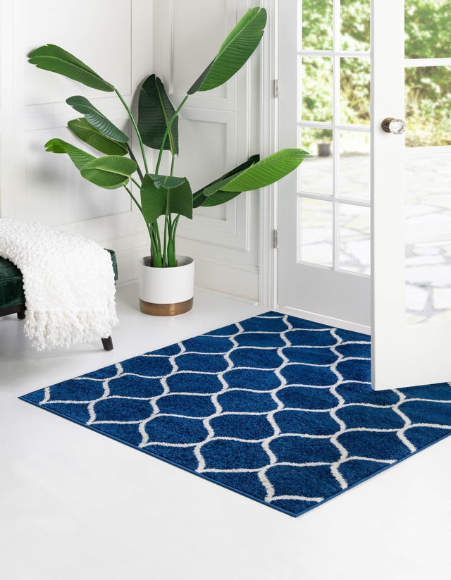 Navy Blue 7' 1 x 7' 1 Trellis Frieze Square Area Rug Geometric Modern Unique Stain Resistant Easy Clean Carpet for Living, Dining, Bedrooms, Office for Sale at Rug Engine