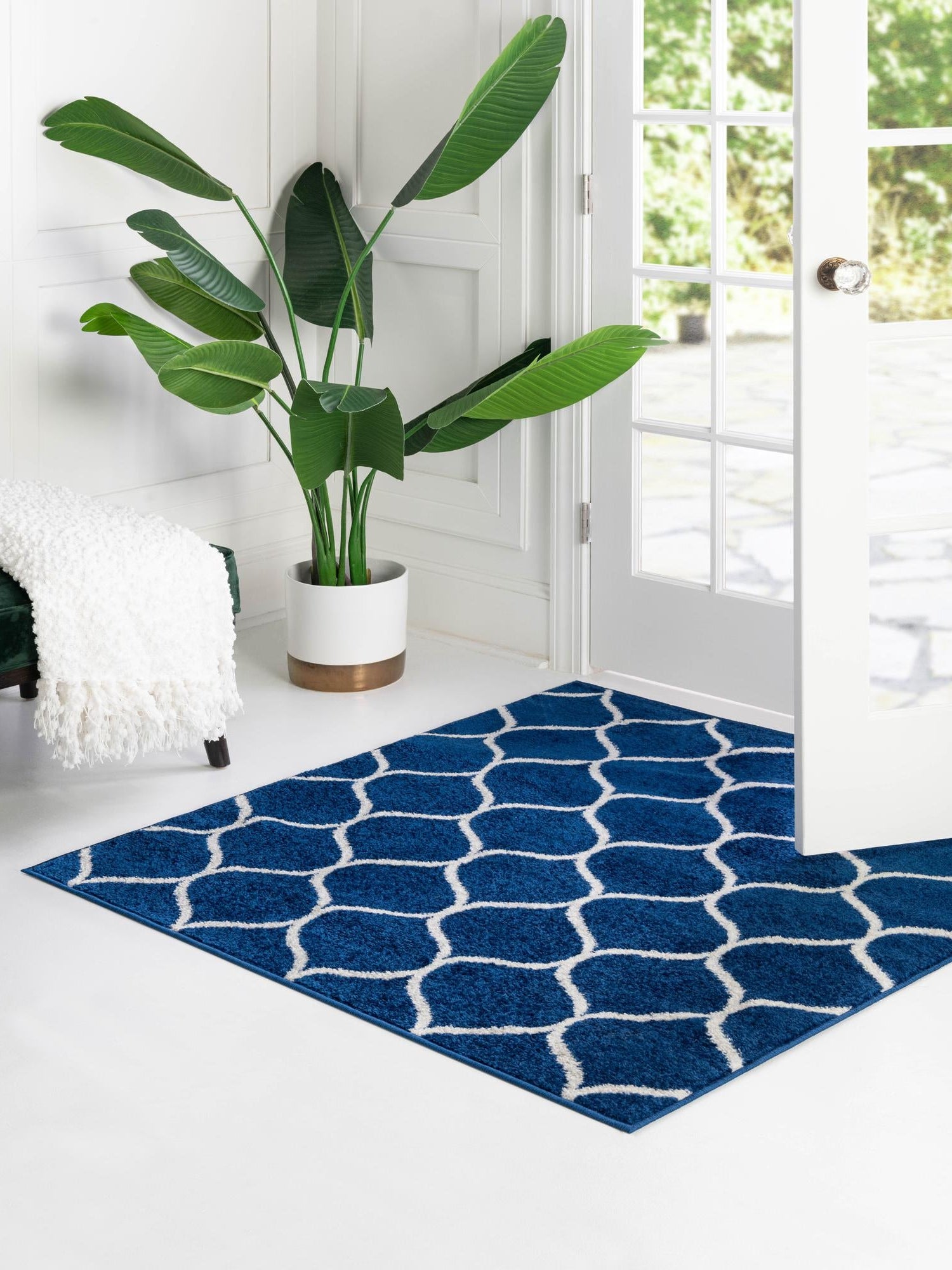 Navy Blue 3' 1 x 3' 1 Trellis Frieze Square Area Rug Geometric Modern Unique Stain Resistant Easy Clean Carpet for Living, Dining, Bedrooms, Office for Sale at Rug Engine