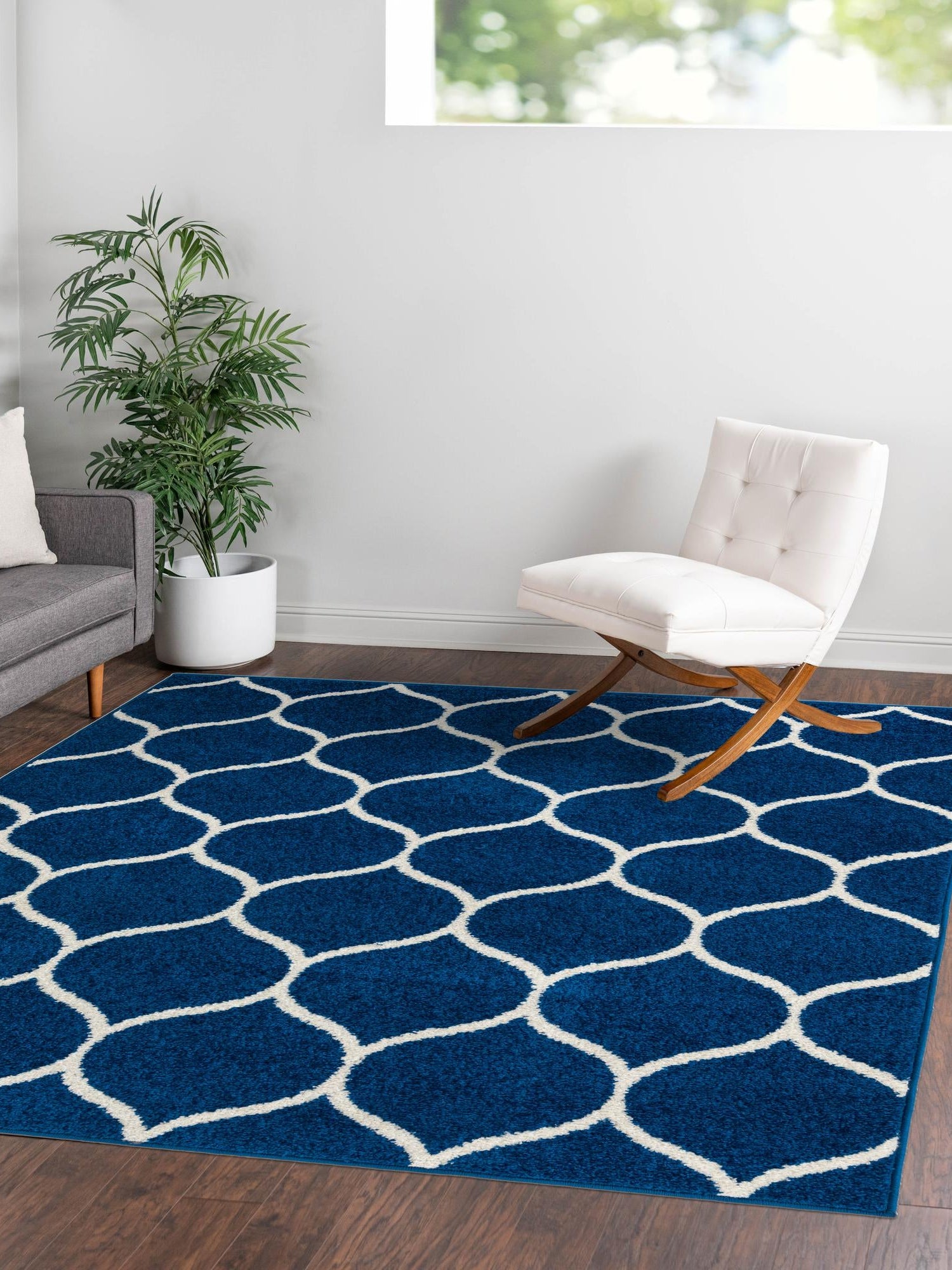 Navy Blue 7' 10 x 7' 10 Trellis Frieze Square Area Rug Geometric Modern Unique Stain Resistant Easy Clean Carpet for Living, Dining, Bedrooms, Office for Sale at Rug Engine