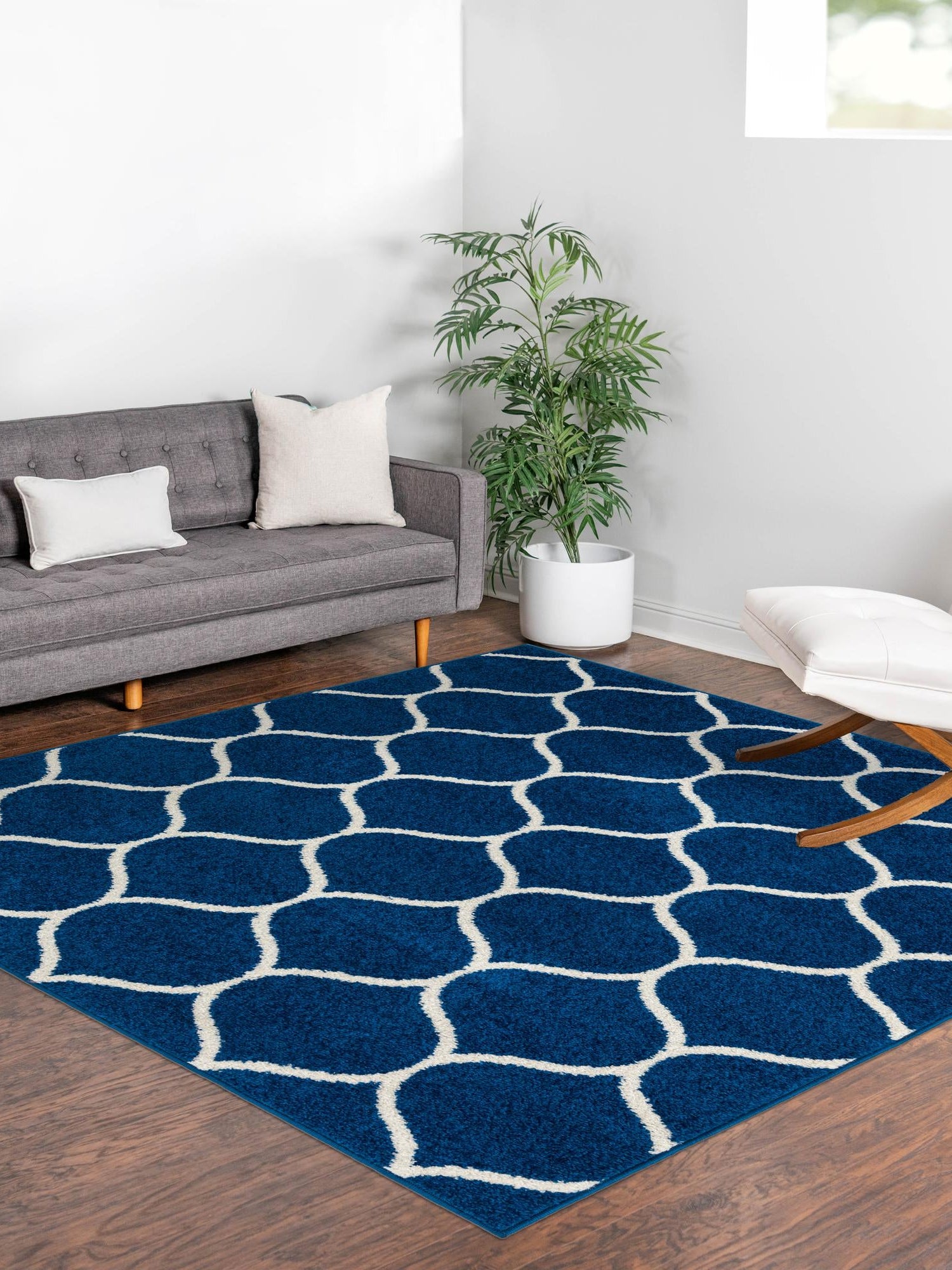 Navy Blue 7' 1 x 7' 1 Trellis Frieze Square Area Rug Geometric Modern Unique Stain Resistant Easy Clean Carpet for Living, Dining, Bedrooms, Office for Sale at Rug Engine