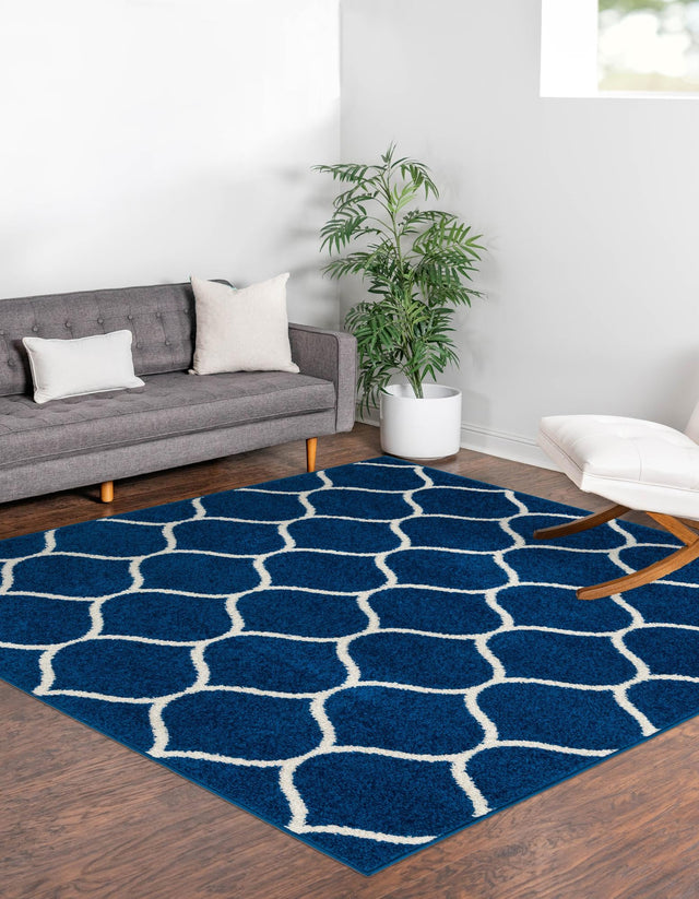 Navy Blue 3' 1 x 3' 1 Trellis Frieze Square Area Rug Geometric Modern Unique Stain Resistant Easy Clean Carpet for Living, Dining, Bedrooms, Office for Sale at Rug Engine