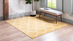 Yellow 7' 1 x 7' 1 Trellis Frieze Square Area Rug Geometric Modern Unique Stain Resistant Easy Clean Carpet for Living, Dining, Bedrooms, Office for Sale at Rug Engine