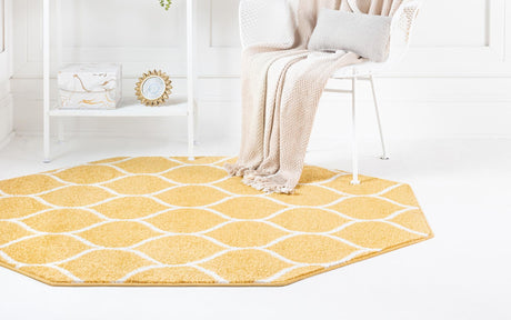 Yellow 5' 3 x 5' 3 Trellis Frieze Octagon Area Rug Geometric Modern Unique Stain Resistant Easy Clean Carpet for Living, Dining, Bedrooms, Office for Sale at Rug Engine
