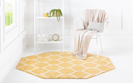 Yellow 5' 3 x 5' 3 Trellis Frieze Octagon Area Rug Geometric Modern Unique Stain Resistant Easy Clean Carpet for Living, Dining, Bedrooms, Office for Sale at Rug Engine