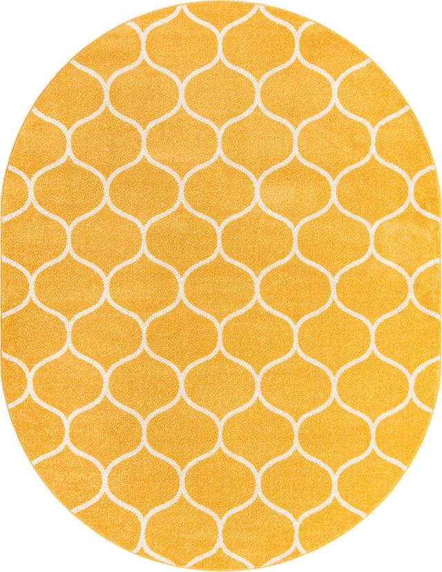 Yellow 7' 10 x 10' Trellis Frieze Oval Area Rug Geometric Modern Unique Stain Resistant Easy Clean Carpet for Living, Dining, Bedrooms, Office for Sale at Rug Engine