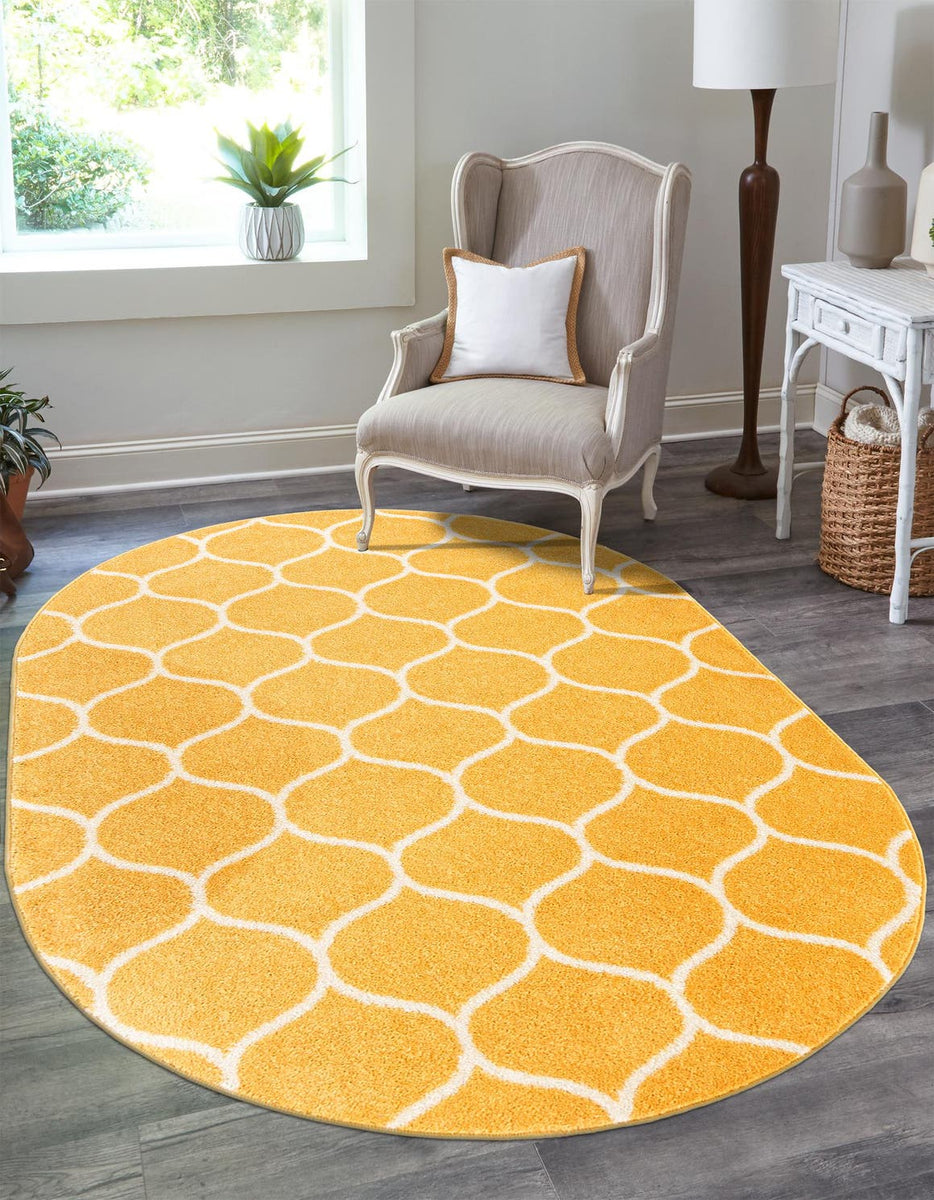 Yellow 7' 10 x 10' Trellis Frieze Oval Area Rug Geometric Modern Uniqu ...