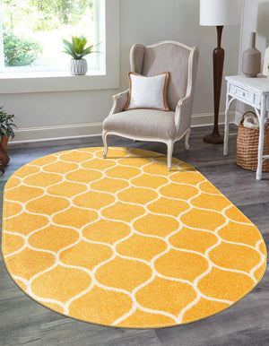 Yellow 7' 10 x 10' Trellis Frieze Oval Area Rug Geometric Modern Unique Stain Resistant Easy Clean Carpet for Living, Dining, Bedrooms, Office for Sale at Rug Engine