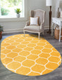 Yellow 7' 10 x 10' Trellis Frieze Oval Area Rug Geometric Modern Unique Stain Resistant Easy Clean Carpet for Living, Dining, Bedrooms, Office for Sale at Rug Engine