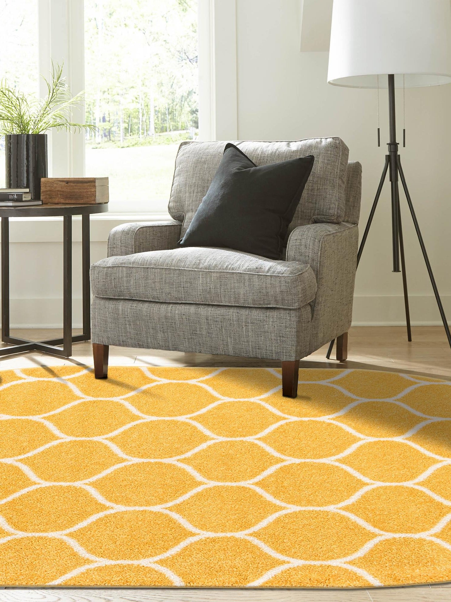 Yellow 7' 10 x 10' Trellis Frieze Oval Area Rug Geometric Modern Unique Stain Resistant Easy Clean Carpet for Living, Dining, Bedrooms, Office for Sale at Rug Engine