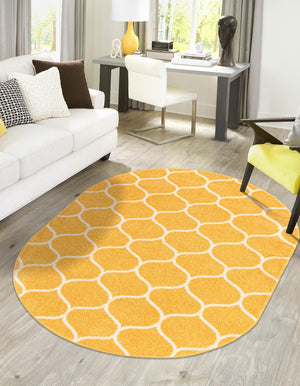 Yellow 5' 3 x 8' Trellis Frieze Oval Area Rug Geometric Modern Unique Stain Resistant Easy Clean Carpet for Living, Dining, Bedrooms, Office for Sale at Rug Engine