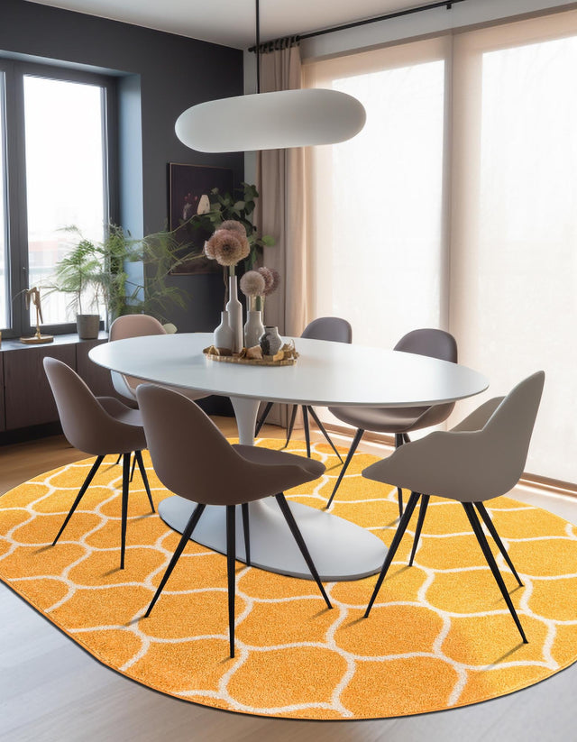 Yellow 5' 3 x 8' Trellis Frieze Oval Area Rug Geometric Modern Unique Stain Resistant Easy Clean Carpet for Living, Dining, Bedrooms, Office for Sale at Rug Engine