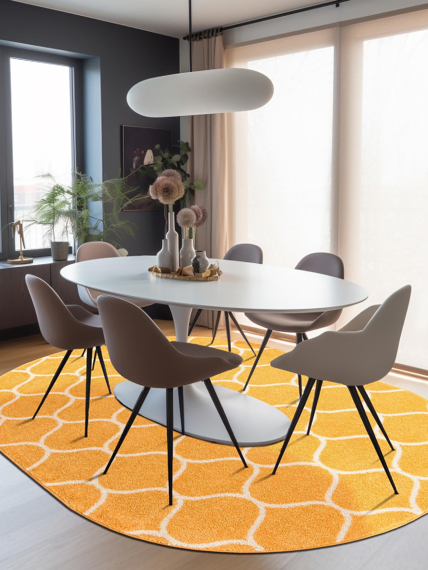 Yellow 7' 10 x 10' Trellis Frieze Oval Area Rug Geometric Modern Unique Stain Resistant Easy Clean Carpet for Living, Dining, Bedrooms, Office for Sale at Rug Engine