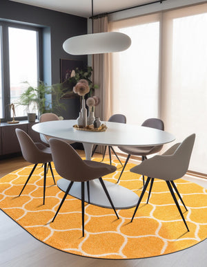 Yellow 7' 10 x 10' Trellis Frieze Oval Area Rug Geometric Modern Unique Stain Resistant Easy Clean Carpet for Living, Dining, Bedrooms, Office for Sale at Rug Engine