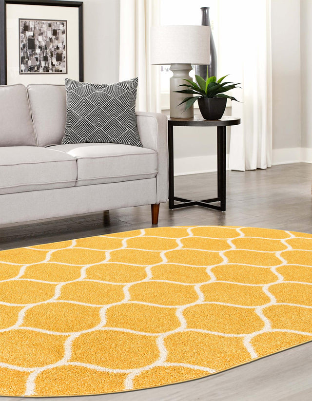 Yellow 5' 3 x 8' Trellis Frieze Oval Area Rug Geometric Modern Unique Stain Resistant Easy Clean Carpet for Living, Dining, Bedrooms, Office for Sale at Rug Engine