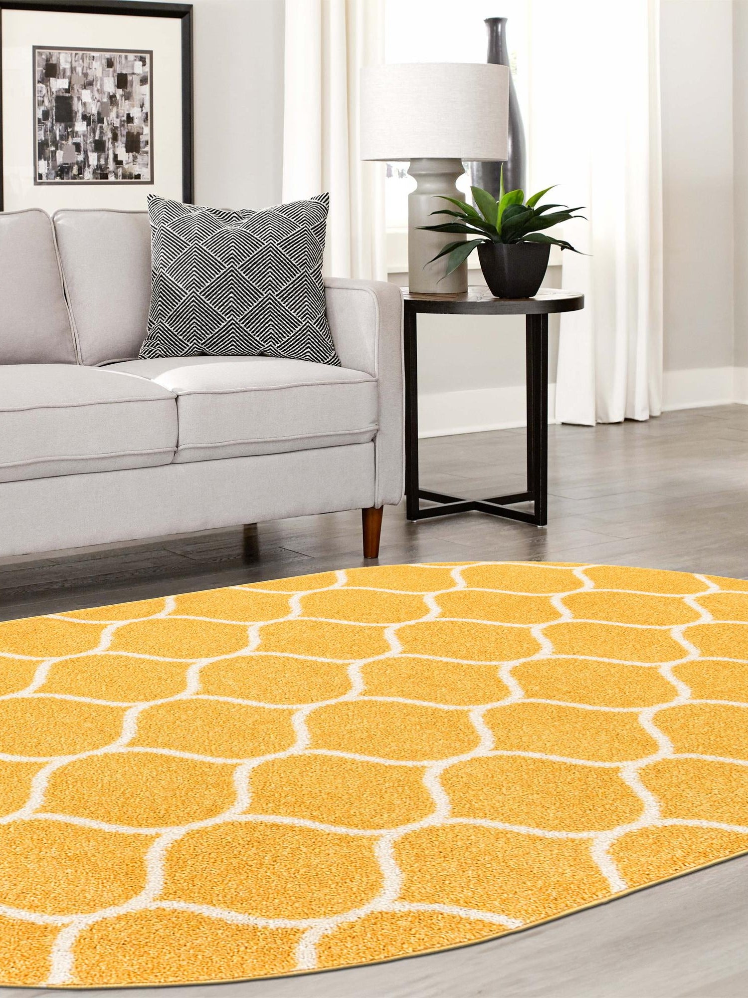 Yellow 7' 10 x 10' Trellis Frieze Oval Area Rug Geometric Modern Unique Stain Resistant Easy Clean Carpet for Living, Dining, Bedrooms, Office for Sale at Rug Engine