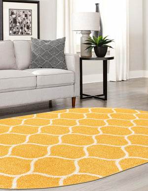 Yellow 7' 10 x 10' Trellis Frieze Oval Area Rug Geometric Modern Unique Stain Resistant Easy Clean Carpet for Living, Dining, Bedrooms, Office for Sale at Rug Engine