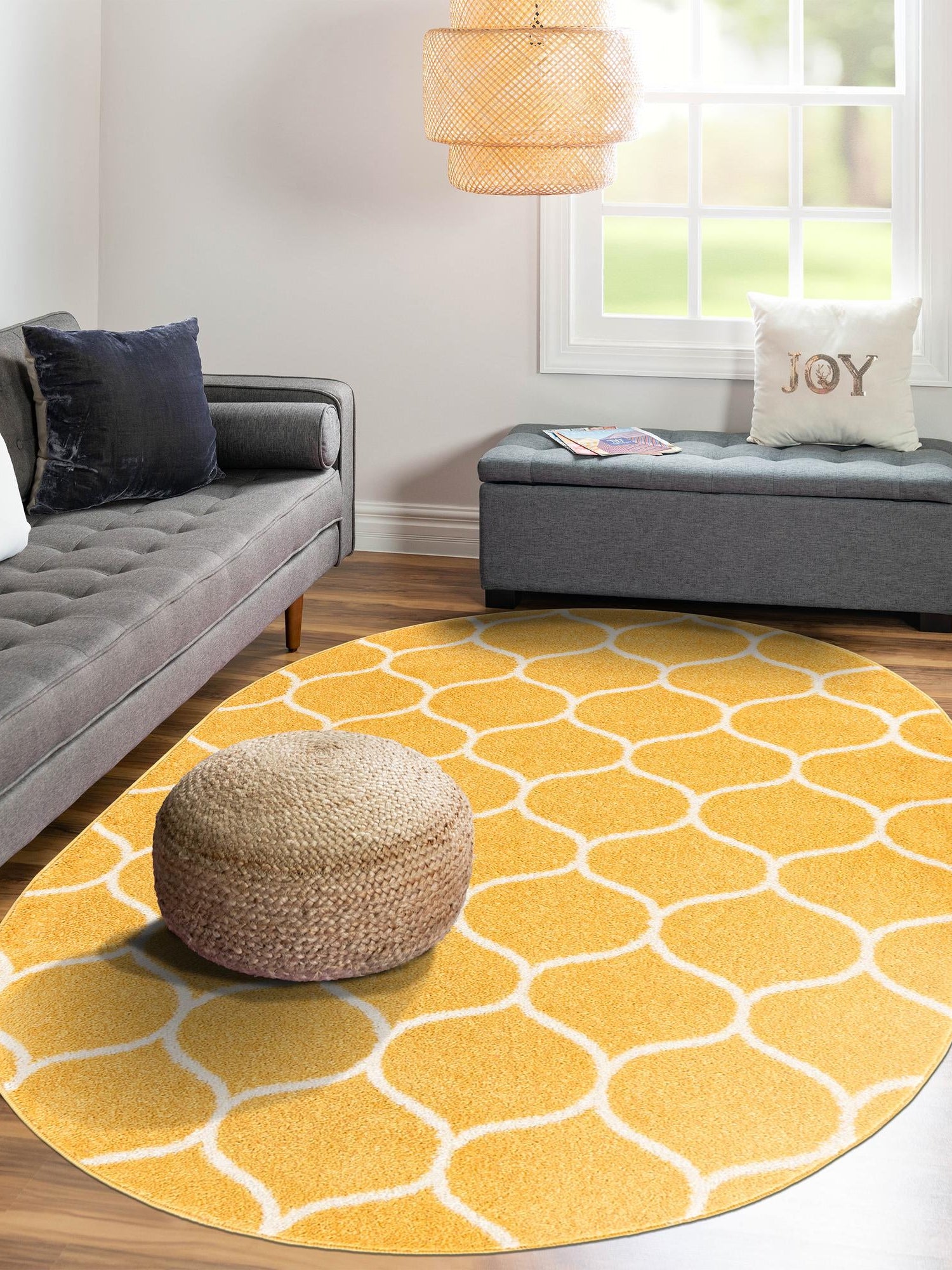 Yellow 7' 10 x 10' Trellis Frieze Oval Area Rug Geometric Modern Unique Stain Resistant Easy Clean Carpet for Living, Dining, Bedrooms, Office for Sale at Rug Engine
