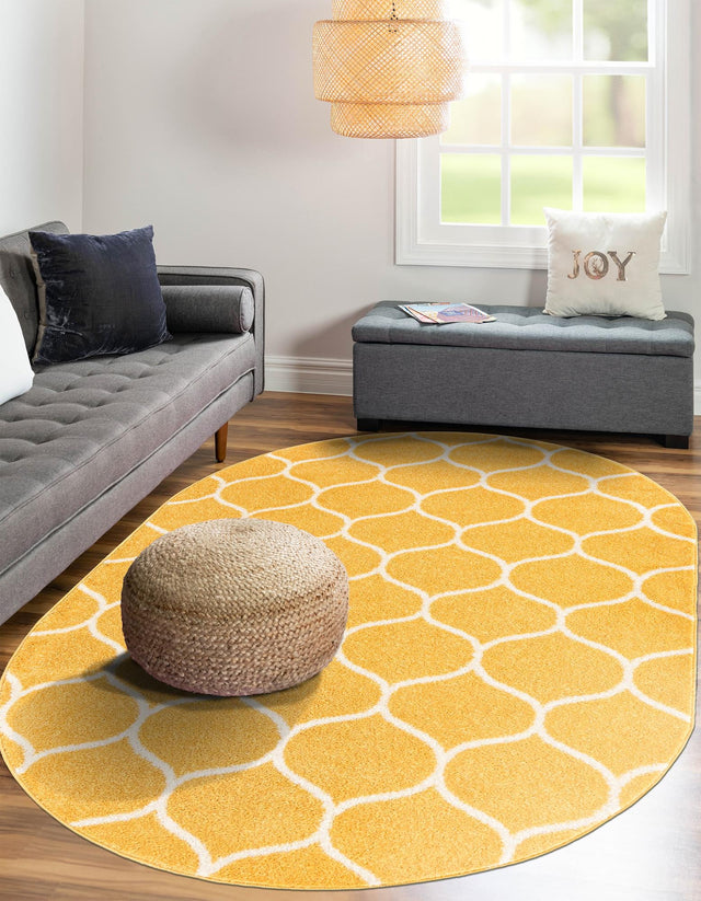 Yellow 7' 10 x 10' Trellis Frieze Oval Area Rug Geometric Modern Unique Stain Resistant Easy Clean Carpet for Living, Dining, Bedrooms, Office for Sale at Rug Engine