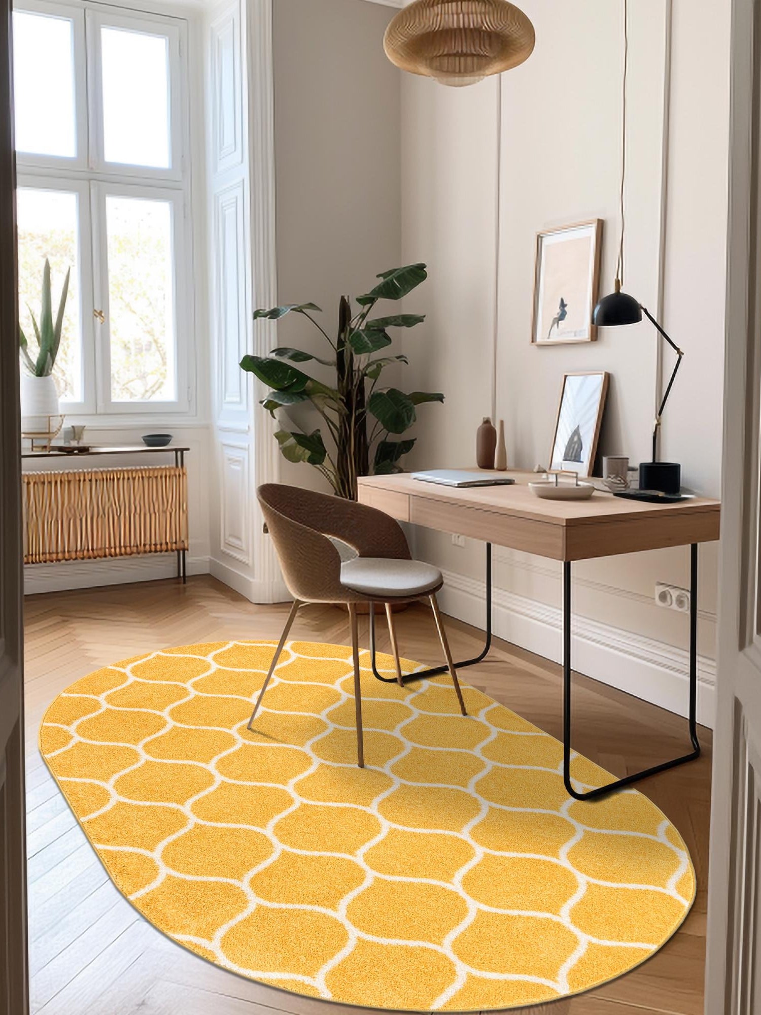 Yellow 7' 10 x 10' Trellis Frieze Oval Area Rug Geometric Modern Unique Stain Resistant Easy Clean Carpet for Living, Dining, Bedrooms, Office for Sale at Rug Engine