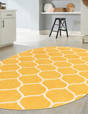 Yellow 3' 1 x 5' 3 Trellis Frieze Oval Area Rug Geometric Modern Unique Stain Resistant Easy Clean Carpet for Living, Dining, Bedrooms, Office for Sale at Rug Engine
