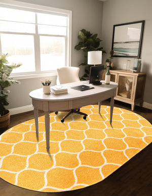 Yellow 3' 1 x 5' 3 Trellis Frieze Oval Area Rug Geometric Modern Unique Stain Resistant Easy Clean Carpet for Living, Dining, Bedrooms, Office for Sale at Rug Engine
