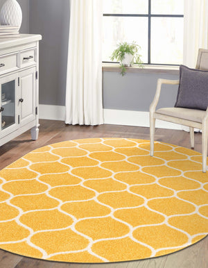 Yellow 3' 1 x 5' 3 Trellis Frieze Oval Area Rug Geometric Modern Unique Stain Resistant Easy Clean Carpet for Living, Dining, Bedrooms, Office for Sale at Rug Engine