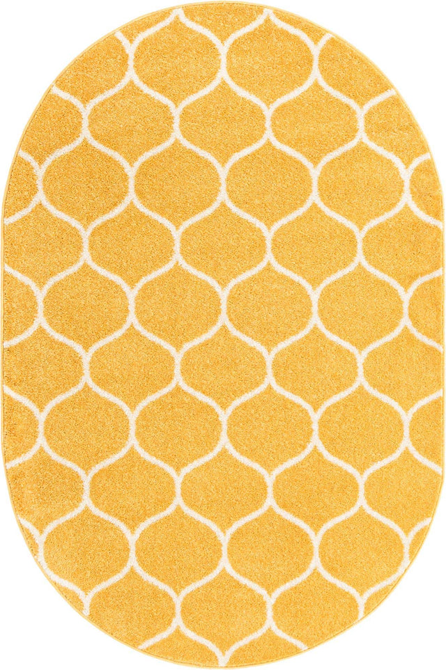 Yellow 5' 3 x 8' Trellis Frieze Oval Area Rug Geometric Modern Unique Stain Resistant Easy Clean Carpet for Living, Dining, Bedrooms, Office for Sale at Rug Engine