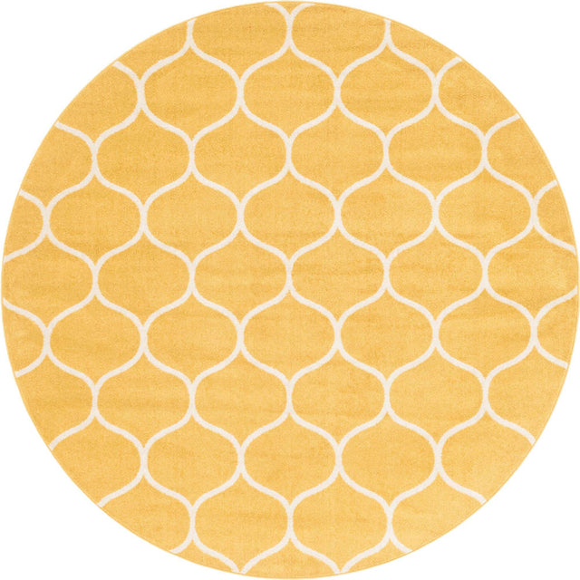 Yellow 7' 1 x 7' 1 Trellis Frieze Round Area Rug Geometric Modern Unique Stain Resistant Easy Clean Carpet for Living, Dining, Bedrooms, Office for Sale at Rug Engine