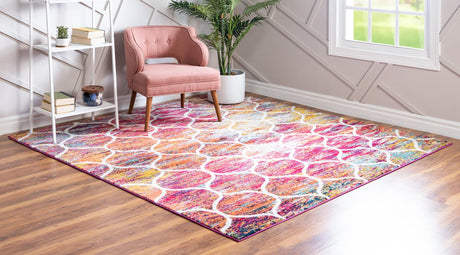 Multicolor 7' 1 x 7' 1 Trellis Frieze Square Area Rug Geometric Modern Unique Stain Resistant Easy Clean Carpet for Living, Dining, Bedrooms, Office for Sale at Rug Engine