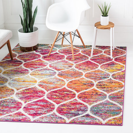 Multicolor 7' 1 x 7' 1 Trellis Frieze Square Area Rug Geometric Modern Unique Stain Resistant Easy Clean Carpet for Living, Dining, Bedrooms, Office for Sale at Rug Engine