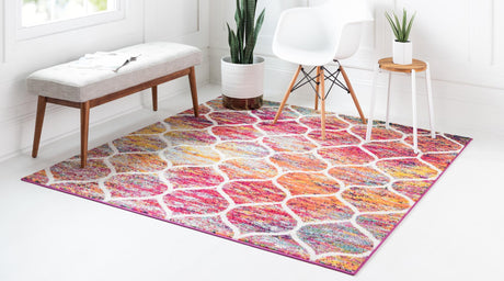 Multicolor 7' 1 x 7' 1 Trellis Frieze Square Area Rug Geometric Modern Unique Stain Resistant Easy Clean Carpet for Living, Dining, Bedrooms, Office for Sale at Rug Engine