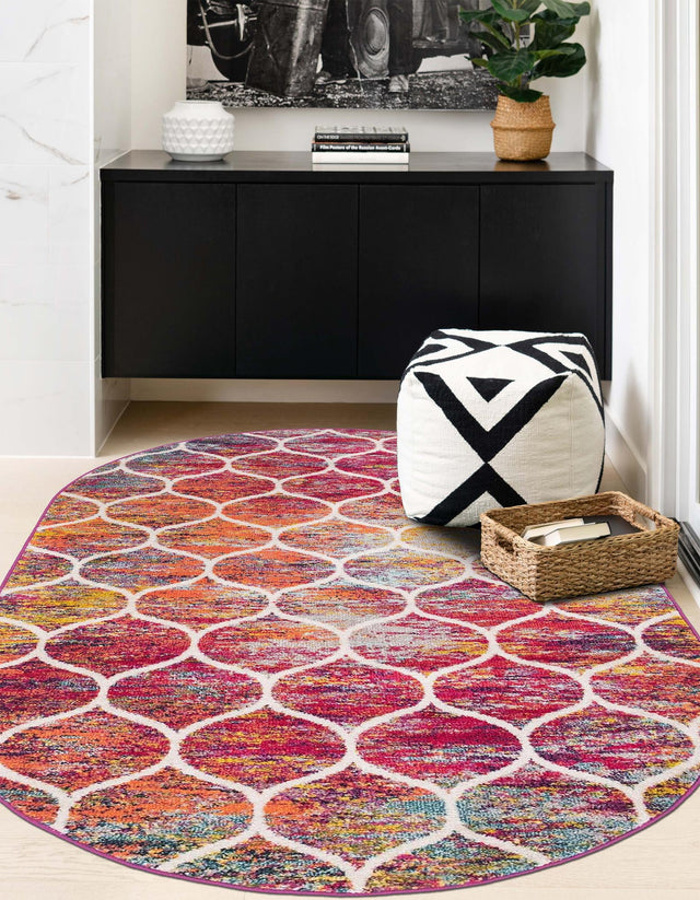 Multicolor 7' 1 x 10' Trellis Frieze Oval Area Rug Geometric Modern Unique Stain Resistant Easy Clean Carpet for Living, Dining, Bedrooms, Office for Sale at Rug Engine